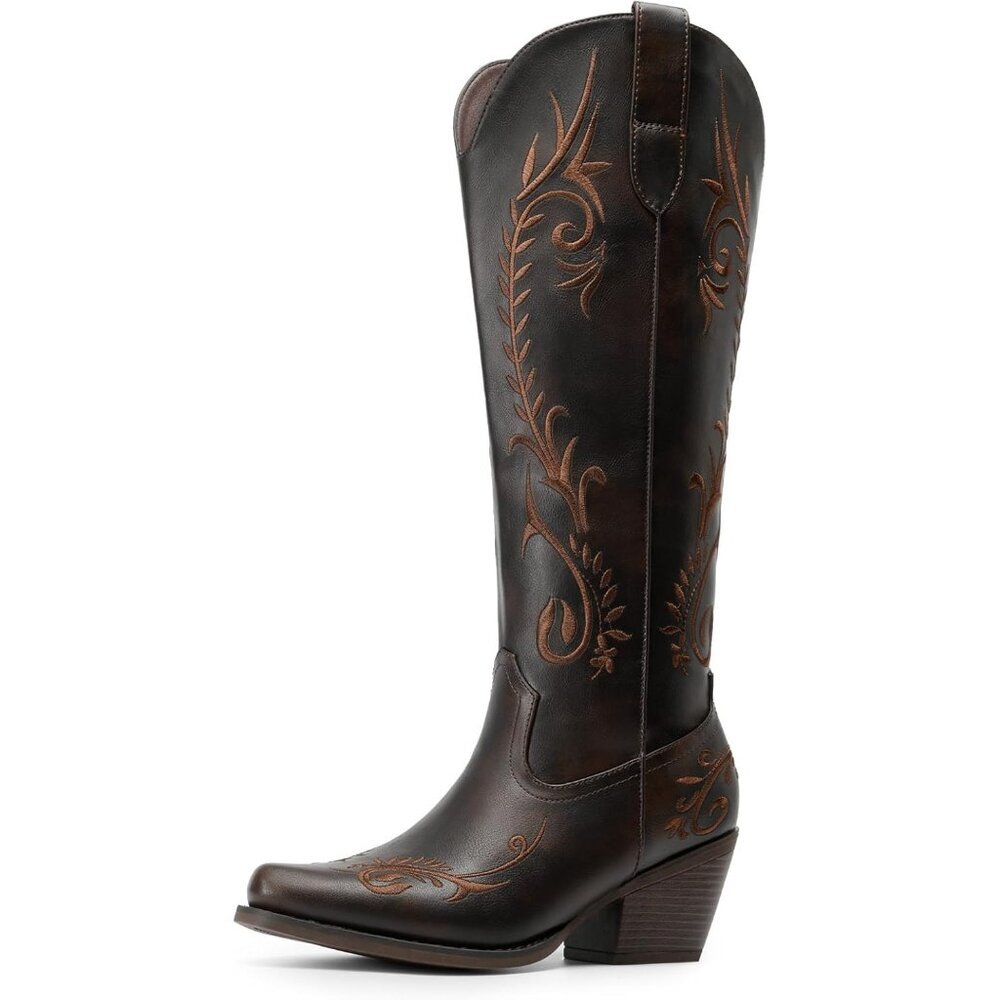 Women's Dark Brown Western Cowboy Boots Knee High Retro Embroidered Tall Boots